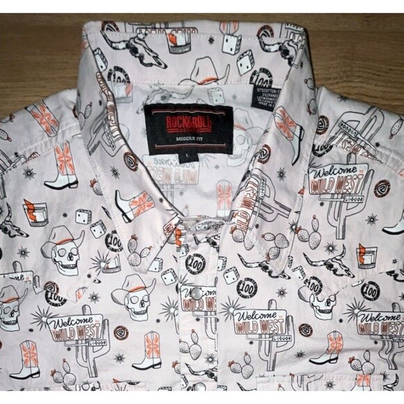 Men’s Rock & Roll Skeleton Wild West Western Pearl Button Down Shirt Large SS - Picture 1 of 7